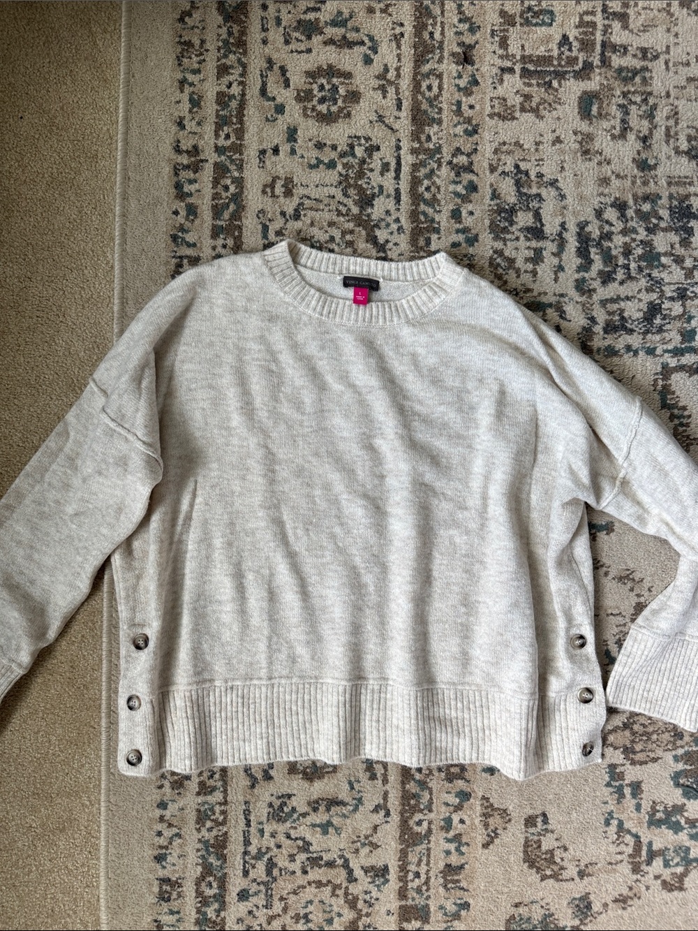 Vince Camuto Light Beige Crewneck Sweater with Side Buttons